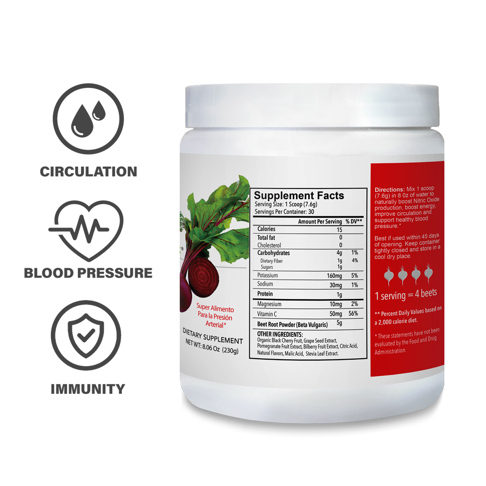 Betabel Plus Circulation, organic Beetroot supplement for healthy blood pressure, healthy blood flow and energy. Suplemento natural de extracto the remolacha para la circulacion y presion alterial saludable y energia.