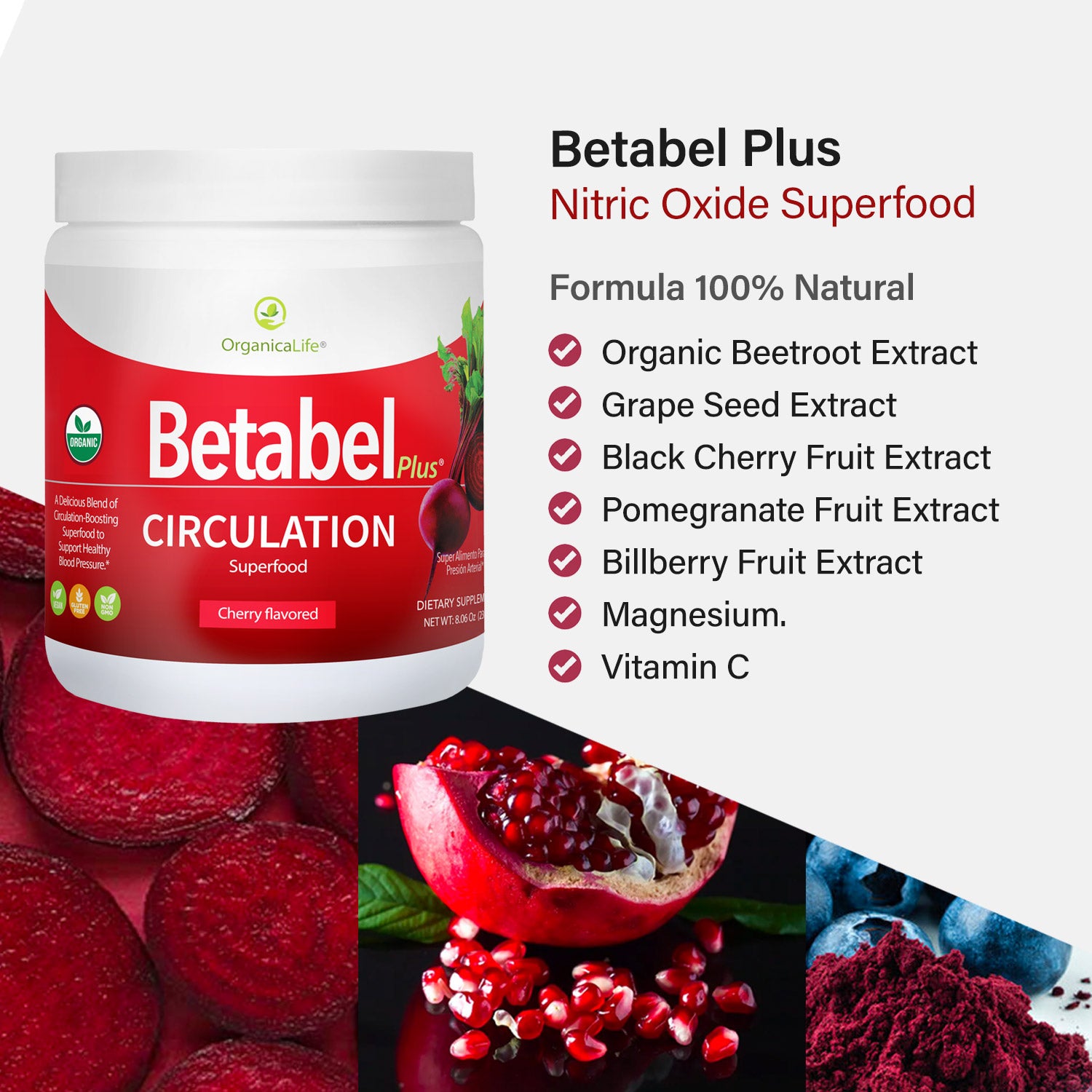 Betabel Plus Circulation, organic Beetroot supplement for healthy blood pressure, healthy blood flow and energy. Suplemento natural de extracto the remolacha para la circulacion y presion alterial saludable y energia.